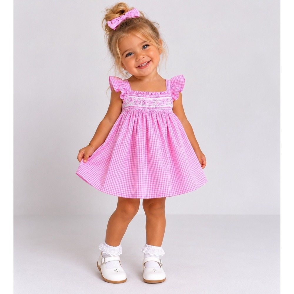Ralph Lauren Girls Gingham Cotton Seersucker Dress Pink/White Sz 24M Smocked